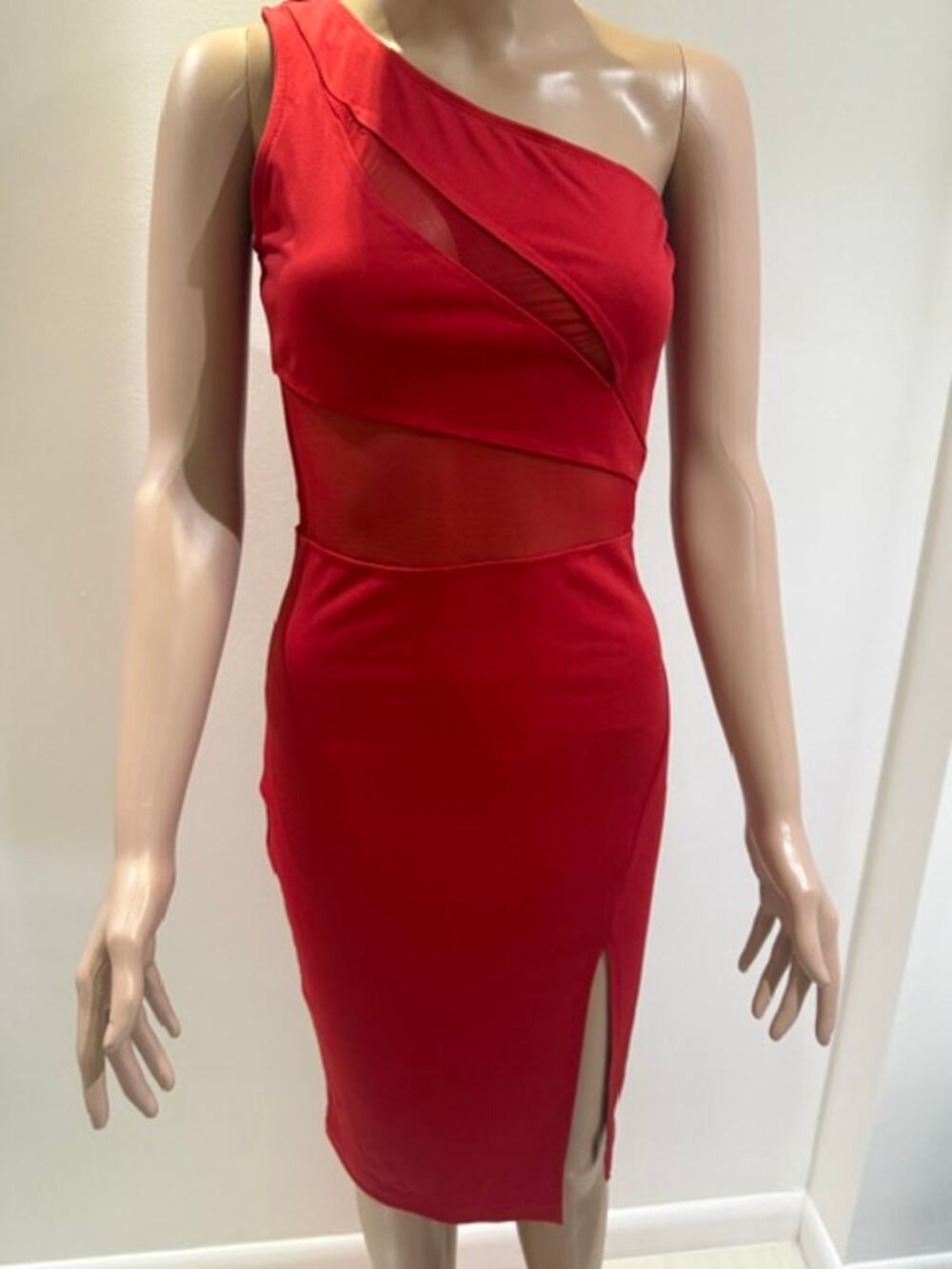 SHEIN Sexy Red One-Shoulder Mesh Illusion Bodycon Slit Dress .Size XS